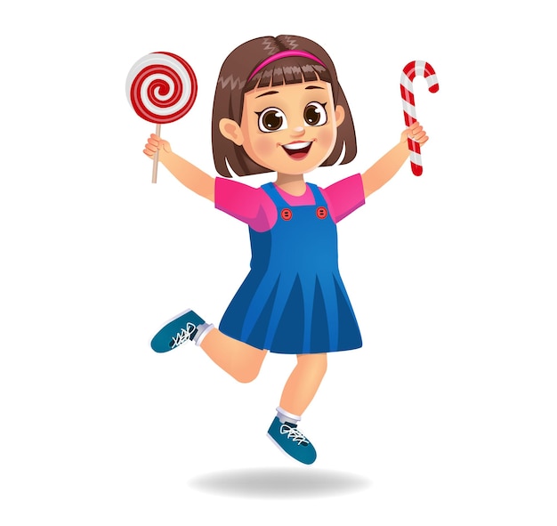 Cute girl child eat candy. isolated  
