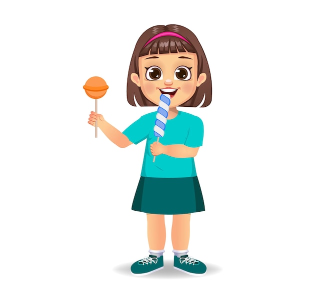 Cute girl child eat candy. isolated  