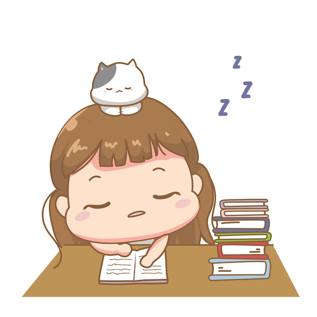 Vector cute girl children student uniforms and a cat study sleepy kawaii cartoon illustration