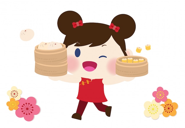 cute girl in Chinese traditional dress and dimsum