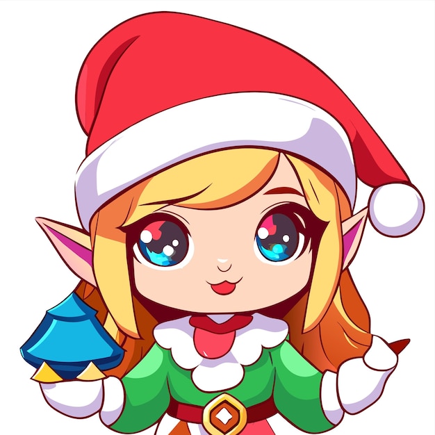 Cute girl in christmas costume hand drawn flat stylish cartoon sticker icon concept isolated