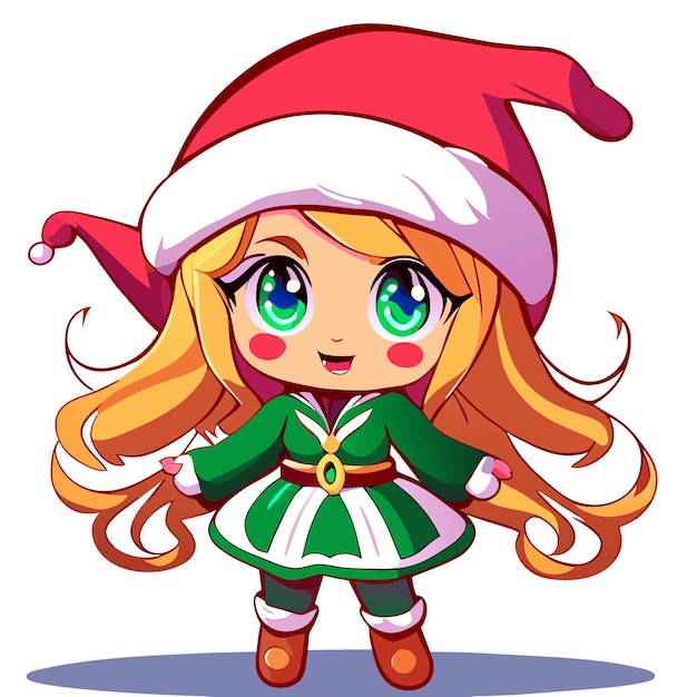 Vector cute girl in christmas costume hand drawn flat stylish cartoon sticker icon concept isolated