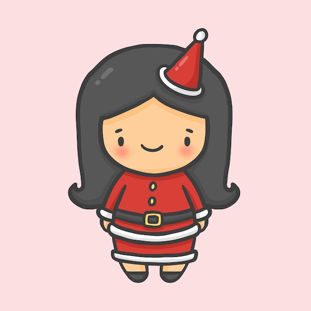 Cute girl costume Santa Christmas hand drawn cartoon style vecto