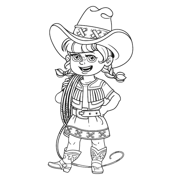 Cute girl in a cowboy suit is holding a lasso on her shoulder ou