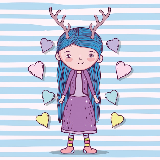 Vector cute girl creature with antlers and hairstyle