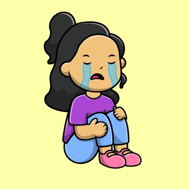 Vector cute girl crying cartoon vector icon illustration