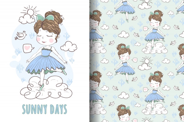 Cute girl dancing on the cloud hand drawn illustration and pattern