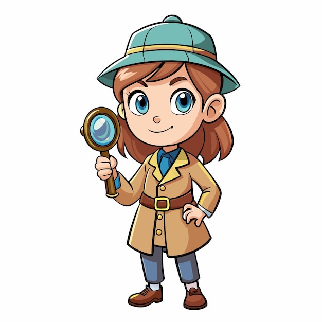 cute girl in detective gear investigating with magnifying glass cartoon vector