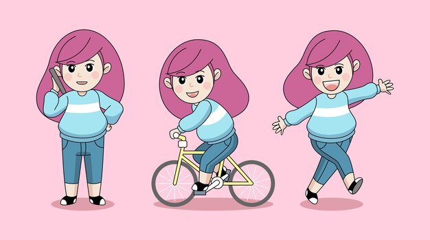 Vector cute girl in different gestures cartoon illustration
