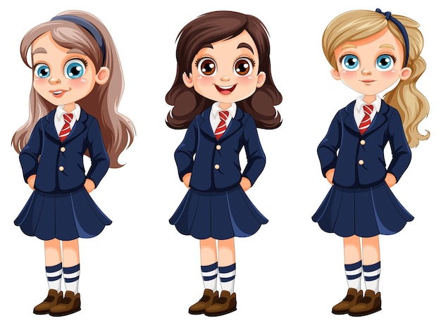 Cute girl in different races student in uniform set