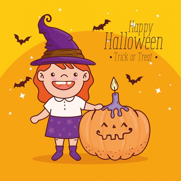 Vector cute girl disguised of witch for happy halloween with pumpkin and candle vector illustration design