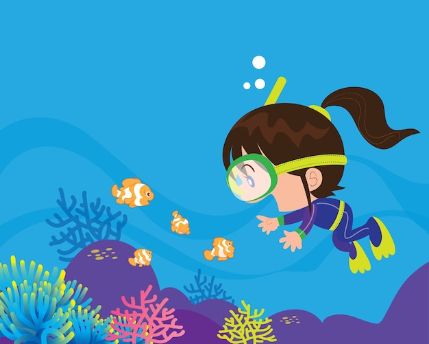 海の下でかわいい女の子ダイバー