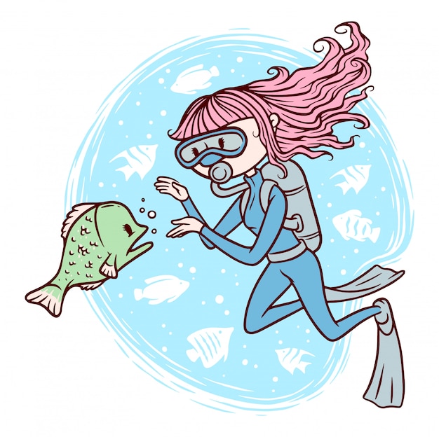 cute girl diving under sea illustration