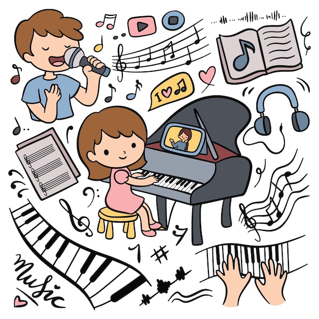 Ragazza carina che fa pratica di pianoforte online in stile doodle del fumetto