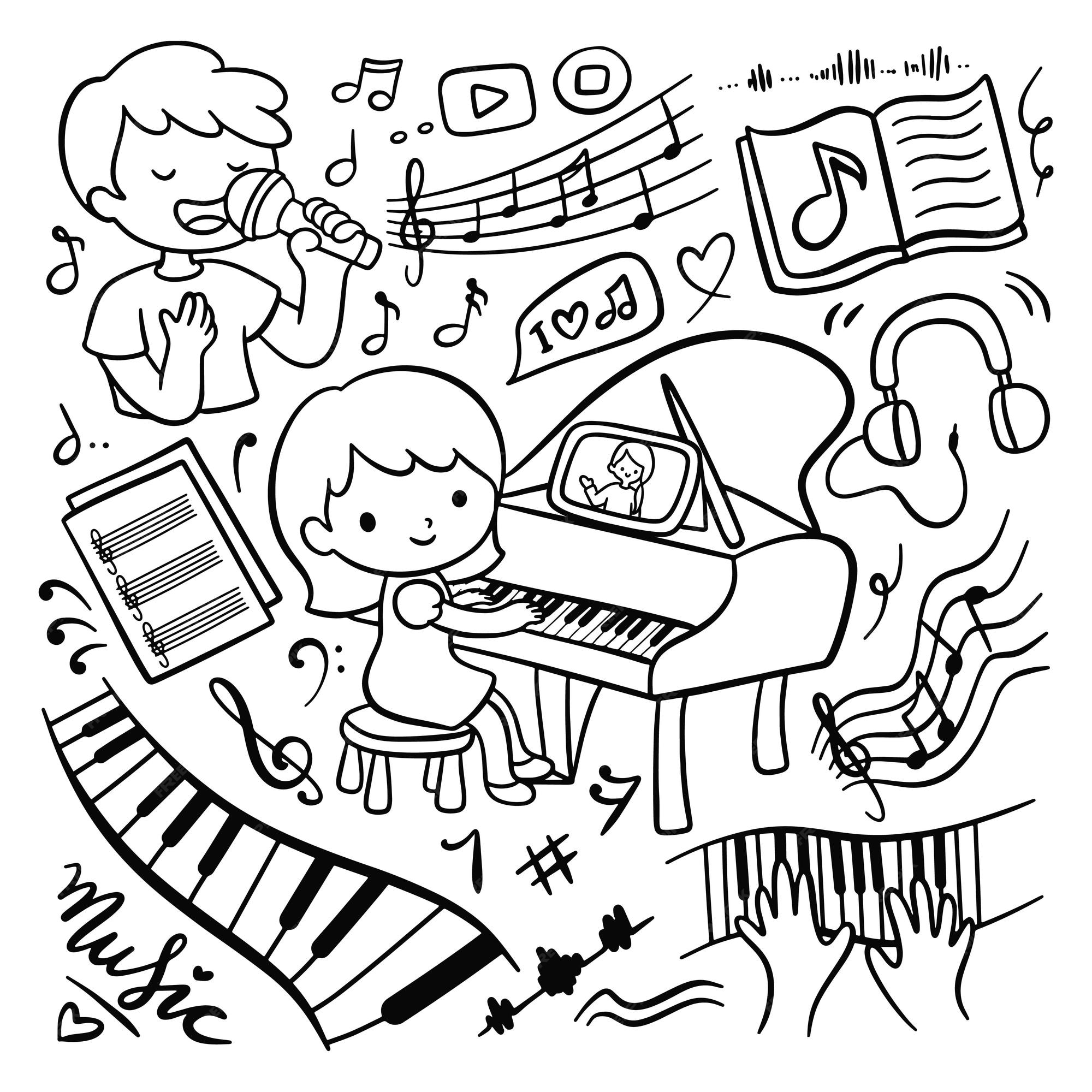 Premium Vector | Cute girl doing online piano practice in cartoon doodle style Premium Vector | Cute girl doing online piano practice in cartoon doodle style