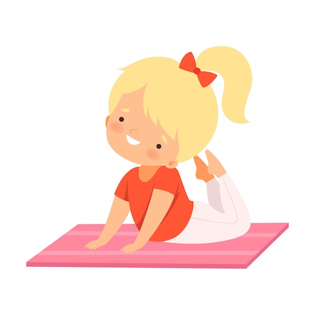 Vector cute girl doing sports adorable kid practicing yoga active healthy lifestyle vector illustration