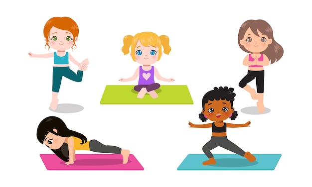 Vector cute girl doing yoga in various pose