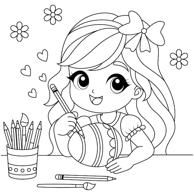 Cute girl drawing easter eggs coloring page Easter colouring book for kids black and white vector