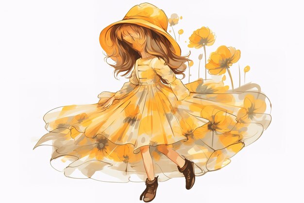 素敵な服を着た可愛い女の子水彩画イラスト