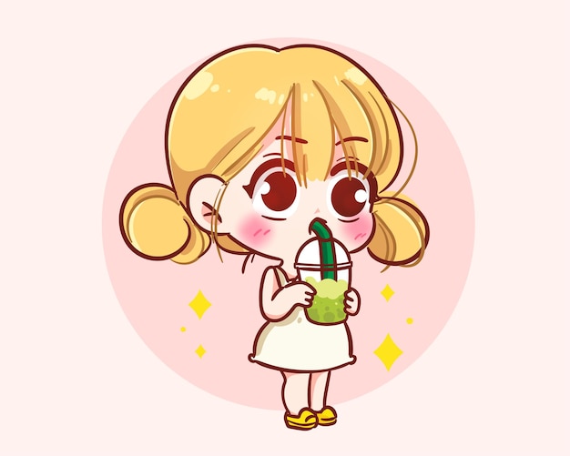 Cute girl drinking bubble tea logo banner hand drawn cartoon art illustration