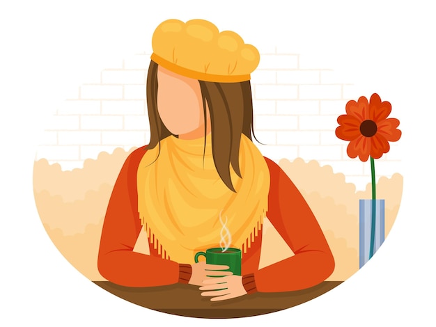Cute girl drinking coffee in a cafe. Autumn picture. Cartoon style. Vector illustration.