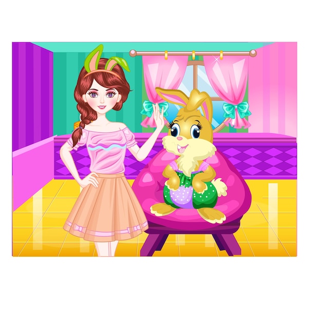 Vector cute girl easter and bunny