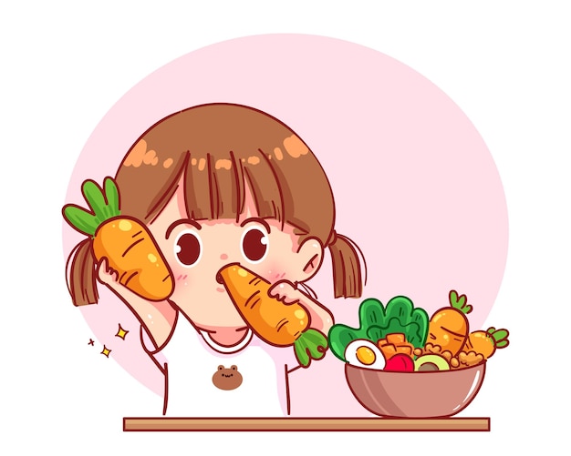 Cute girl eat salad vegetable fruits cartoon art illustration