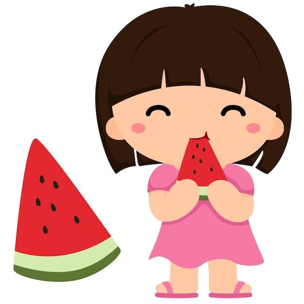 Vector cute girl eat watermelon vector clipart