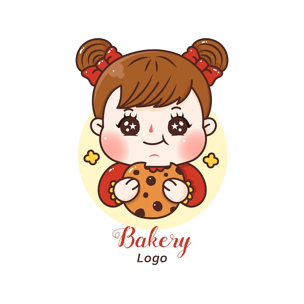 милая девушка ест печенье пекарня логотип мультфильм