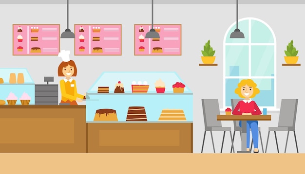 Vector cute girl eating desserts at table in cafe cafeteria interior confectionery shop with sweets assortment cartoon vector illustration