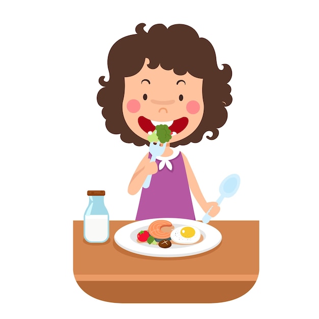 Cute girl eating healthy food vector illustration