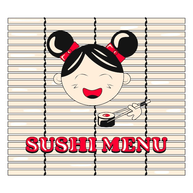 Cute Girl Eating Sushi Bamboo Sushi Mat