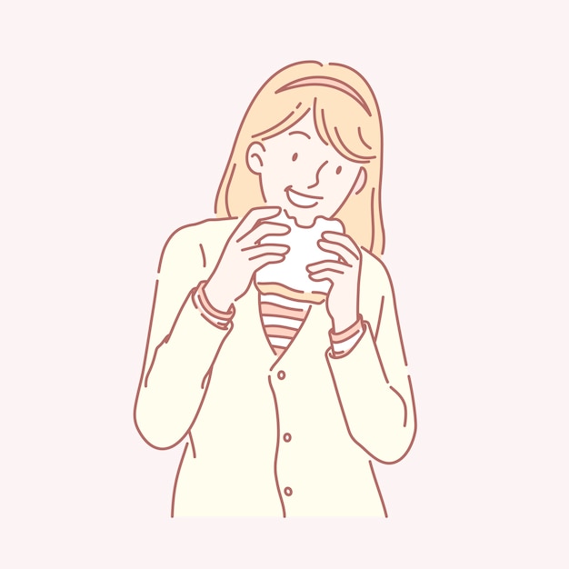 Cute girl eating toast in yellow knitted coat in line art