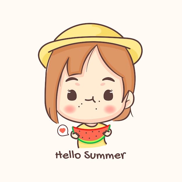 수박을 먹는 귀여운 소녀. 여름 휴가 및 휴가. 꼬마 만화 캐릭터입니다.