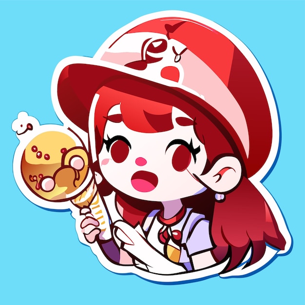 Cute girl eats ice cream hand drawn cartoon sticker icon concept isolated illustration