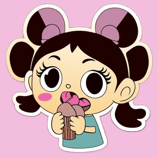 Vector cute girl eats ice cream hand drawn cartoon sticker icon concept isolated illustration