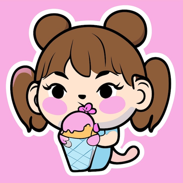 Cute girl eats ice cream hand drawn cartoon sticker icon concept isolated illustration