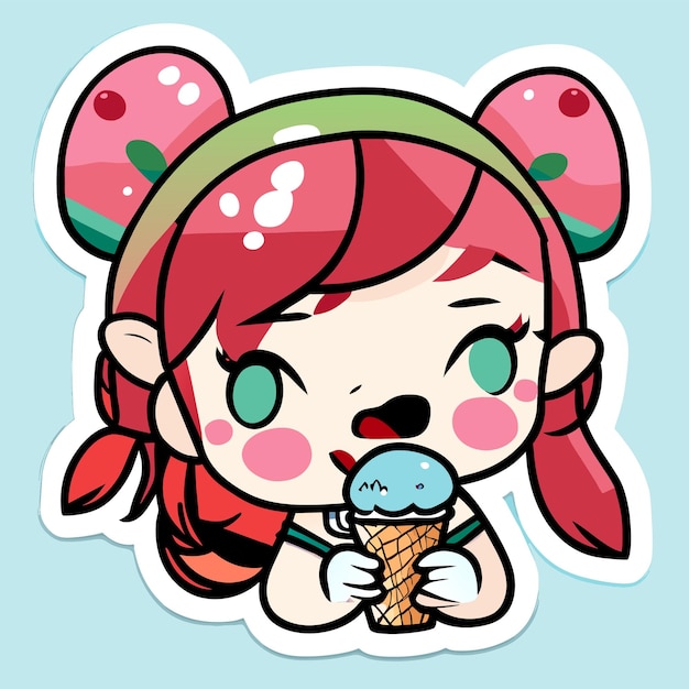 Cute girl eats ice cream hand drawn cartoon sticker icon concept isolated illustration