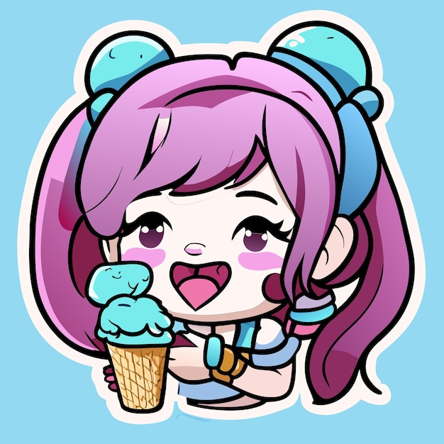 Cute girl eats ice cream hand drawn cartoon sticker icon concept isolated illustration