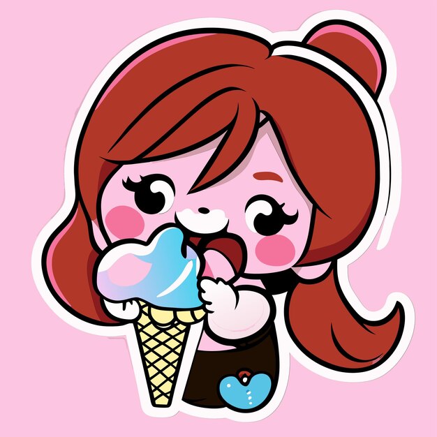 Vector cute girl eats ice cream hand drawn cartoon sticker icon concept isolated illustration