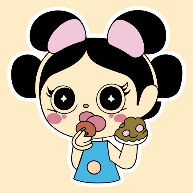 Vector cute girl eats ice cream hand drawn cartoon sticker icon concept isolated illustration