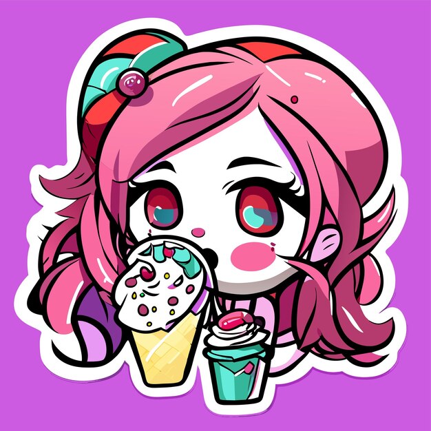 Cute girl eats ice cream hand drawn cartoon sticker icon concept isolated illustration