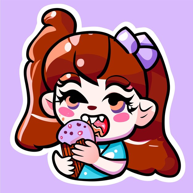 Cute girl eats ice cream hand drawn cartoon sticker icon concept isolated illustration