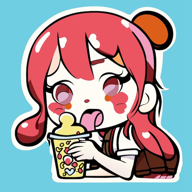 Cute girl eats ice cream hand drawn cartoon sticker icon concept isolated illustration