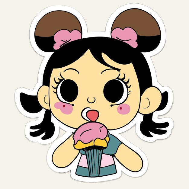 Cute girl eats ice cream hand drawn cartoon sticker icon concept isolated illustration