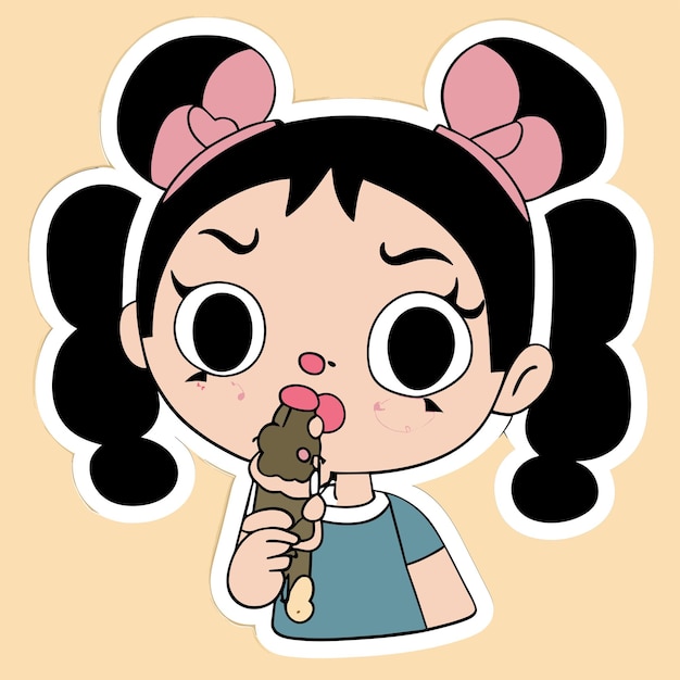 Vector cute girl eats ice cream hand drawn cartoon sticker icon concept isolated illustration