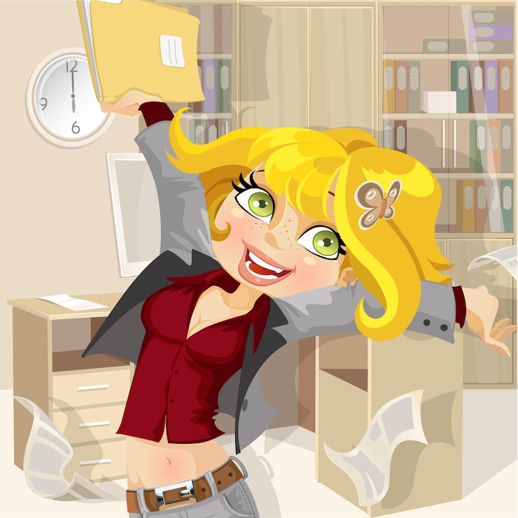 Vector cute girl at the end of the working day gathers home
