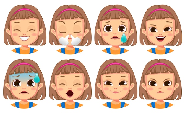 Vector cute girl face expressions collection