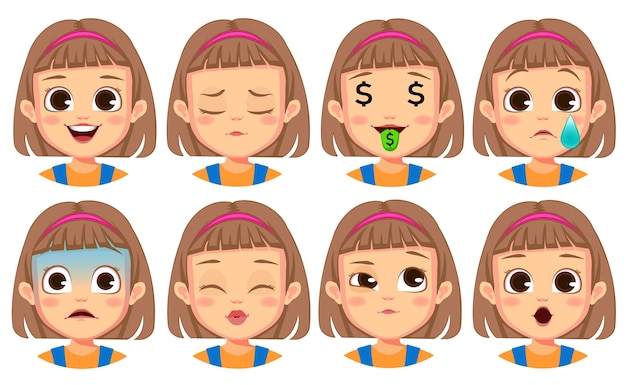 Vector cute girl facial gestures collection