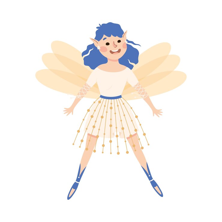 Vector cute girl fairy with blue hair flying with wings vector illustration